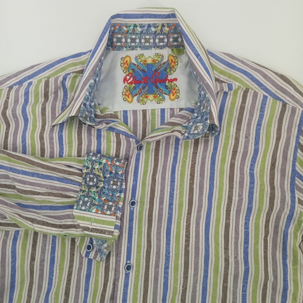 Robert Graham Mens 2XL Striped Button Down Shirt Paisley Jacquard Flip Cuff Blue